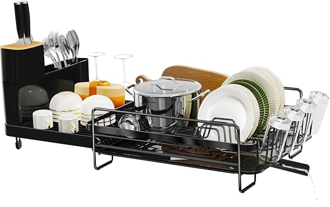 Runnatal Dish Drying Rack Extendable, Large Dish Rack with Drainboard, Utensil Holder, Cup Holder, Expandable Dish Drainer for Kitchen Counter, 20.5"-27.6" L x 12.6" W by Runnatal