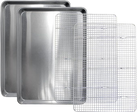 Commercial Quality 2 Pack Cookie Sheet and 2 Pack Rack - Aluminum Half Sheet Baking Pan and Stainless Steel Cooling Rack Set 13x18 Rust & Warp Resistant, Heavy Duty by SaffronSageHomeLiving