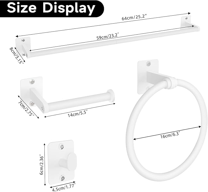 KLJKPA Bathroom Accessories Set, 4 Pieces White Bathroom Hardware Set, 24 inch Towel Bar, Towel Racks for Bathroom, Robe Towel Hooks, Toilet Paper Holder Wall Mounted - Image 7