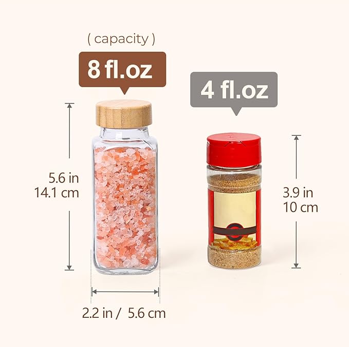 ComSaf 8 oz 6Pcs Glass Spice Jars with Label, Empty Spice Containers with Bamboo Lids, Square Seasoning Containers Trial and Supplement Set, Small Seasoning Bottles for Salt, Herbs, Sugar, Pepper - Image 5