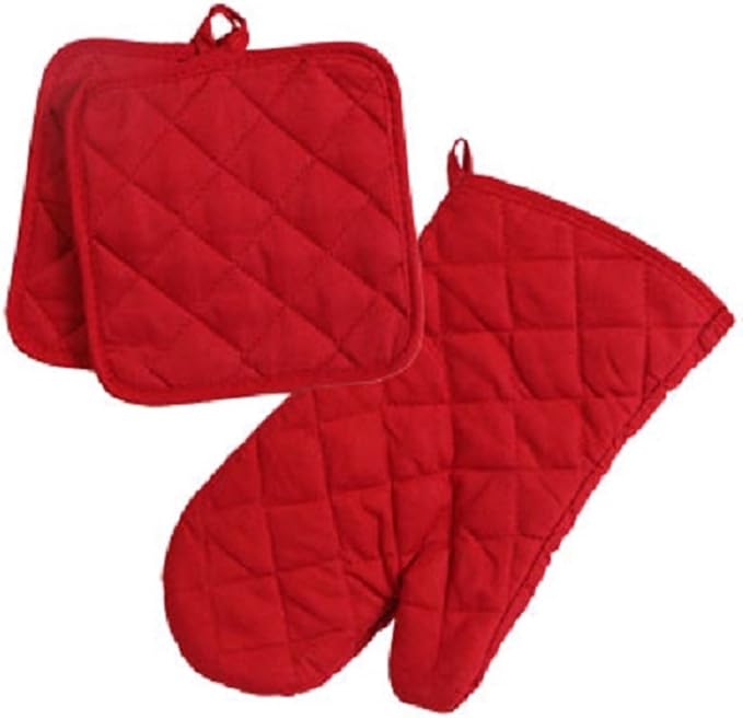 Home Collection Red 3pc Set Oven Mitt & Potholders
