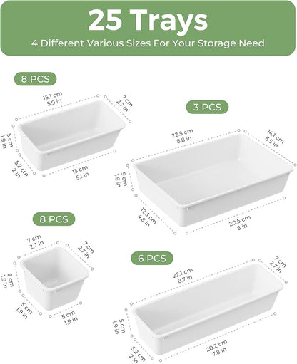 BiuLeon 25 PCS Plastic Drawer Organizers Set, 4-Sizes Vanity and Makeup Organizer, Desk and bathroom Drawer Organizer Trays, Organizers and Storage for Makeup, Jewelry, Gadgets, Utensils (White) - Image 2