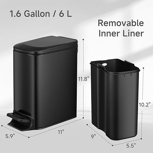 TIPGO Slim Bathroom Trash Can with Lid Soft Close, Step Pedal, 6 Liter / 1.6 Gallon Stainless Steel Trash Bin, Small Garbage Cans for Bedroom, Office, Kitchen (Matte Black) - Image 6
