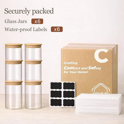 ComSaf Glass Storage Containers with Lids (0.6qt/1qt/1.5qt) Set of 6,Glass Pantry Storage Containers with Airtight Lid & lables for Dry Food, Snacks, Nuts, Stackable for Kitchen, Pantry Organization - Image 9