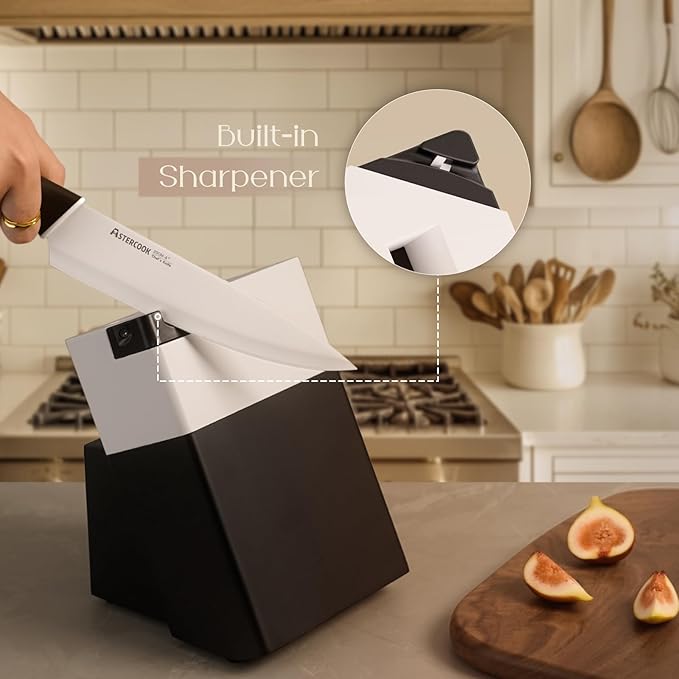 Astercook Knife Set, Kitchen Knives with Block and Sharpener 15 Pcs German Stainless Steel Knives Sharp Blade Dishwasher Safe Deba Knives with Ergonomic Handle, Elegant Black - Image 5