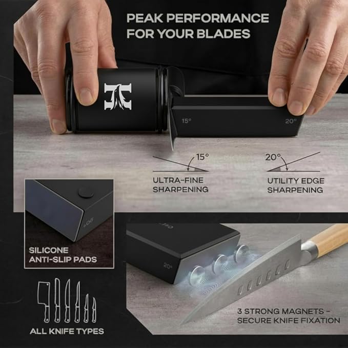 High Carbon Stainless Steel Rolling Knife Sharpener with 400, 1000 & 3000 Replacement Discs - Blunt Knife Sharpening Kit with 15 and 20 Degree Sharpening for Kitchen & Chef's Knives (BLACK) - Image 5