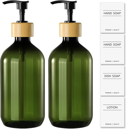 KASUNTING Green Soap Dispenser, Plastic Bathroom Soap and Lotion Dispenser Set with Bamboo Pump, 2 Pack 17 Fl Oz Hand and Dish Soap Dispensers Set for Bathroom, Refillable Liquid Soap Bottles by ALPIRIRAL