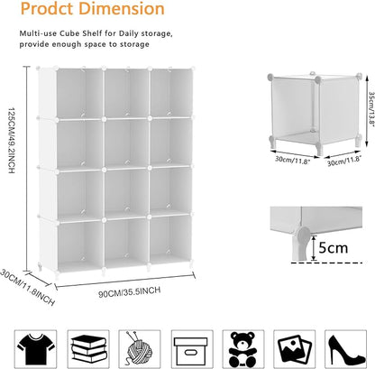 AWTATOS Cube Storage Organizer Storage 12 Cube Bookshelf DIY Plastic Closet Clothes Storage Shelves with Wooden Mallet, Stackable Storage Solution for Home, Bedroom, White - Image 3