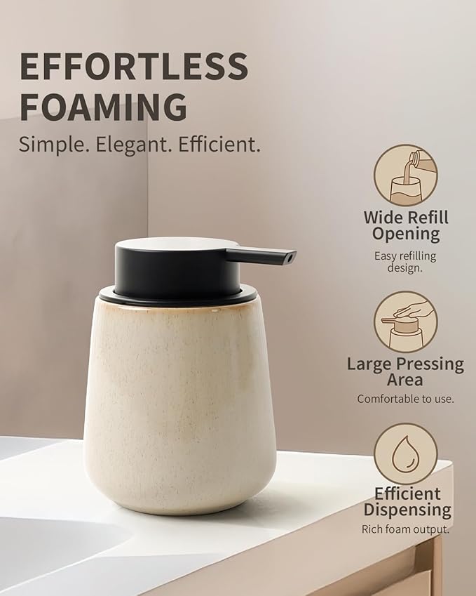 Bosilunlife Ceramic Foaming Soap Dispenser - 12Oz Bathroom Countertop Kitchen Dish Soap Pump Dispenser Foam Soap Dispenser - Greige with Speckle