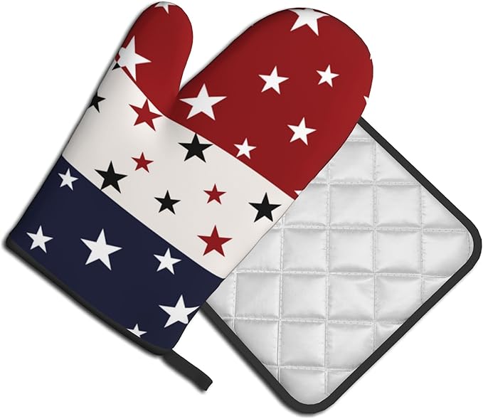 Red White and Blue Oven Mitts and Pot Holders Sets Patriotic American Flag StripedKitchen Mitts 4th of July Hot Pads for Cooking BBQ Baking Grilling - Image 2
