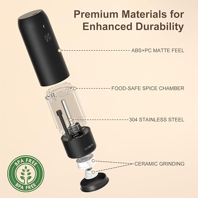 Ultrean Pepper Grinder, Rechargeable Salt and Pepper Grinder with 6 Adjustable Coarseness, LED Light, Automatic Grinder for Kitchen, Home and Kitchen Appliances Birthday Gifts for Women, Black - Image 5