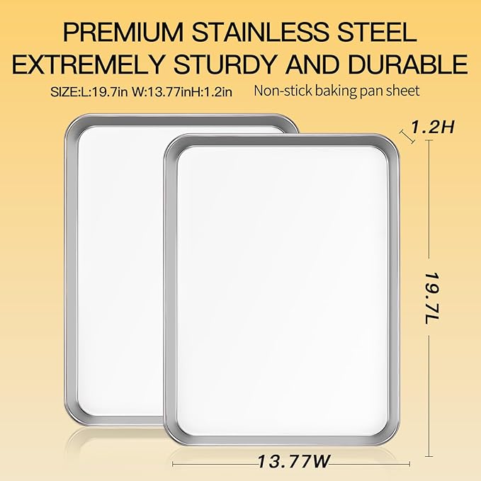 Commercial Quality Baking Sheet Pan Set, Natural Stainless Steel Cookie Sheet, Warp Resistant Nonstick Baker's Half Sheet Pan, Large Thick Cookie Tray Pans for Baking, Roasting(2 Pack, 20X14Inch) - Image 2