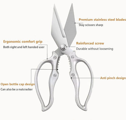 Kitchen Shears Heavy Duty Kitchen Scissors Stainless Steel Sharp Cooking Shears for Chicken Meat Poultry Fish Vegetables Multipurpose Utility Food Kitchen Scissors, Gifts for Women（Sliver）