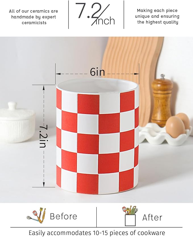 Utensil Holder, 7.2 Inch Checkered Utensil Holder, Ceramic Cooking Utensil Spoon/Spatula Holder for Countertop, Kitchen Decor and Accessories for counte(Red) - Image 2