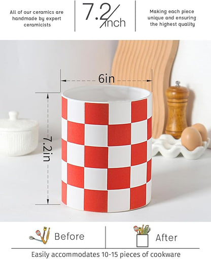 Utensil Holder, 7.2 Inch Checkered Utensil Holder, Ceramic Cooking Utensil Spoon/Spatula Holder for Countertop, Kitchen Decor and Accessories for counte(Red) - Image 2