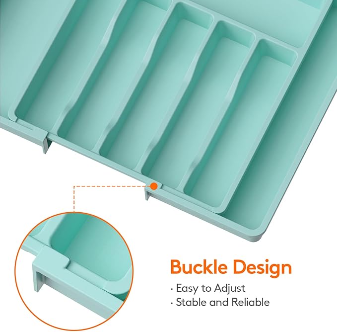 Lifewit Silverware Drawer Organizer, Expandable Utensil Tray for Kitchen, BPA Free Flatware and Cutlery Holder, Adjustable Plastic Storage for Spoons Forks Knives, 13-22 x 15", Turquoise - Image 4
