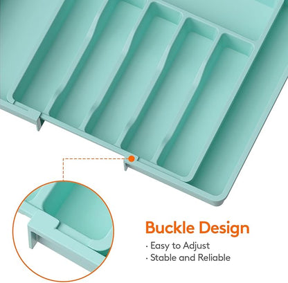 Lifewit Silverware Drawer Organizer, Expandable Utensil Tray for Kitchen, BPA Free Flatware and Cutlery Holder, Adjustable Plastic Storage for Spoons Forks Knives, 13-22 x 15", Turquoise - Image 4