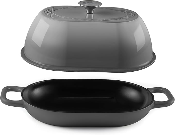 Krustic Enameled Cast Iron Dutch Oven for Professional Sourdough Bread Baking | 5.5 Quart Loaf Size Oval Cookware Pot with Lid | Triple-Layer Enamel Coating Pan with Non Stick Silicone Mat | Gray