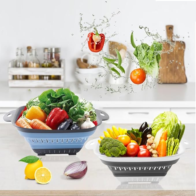Collapsible Colander Set, Square Round Triangles Silicone Kitchen Strainer Perfect for Draining Pasta Vegetable fruit 2 PCS (10.8"L x 8.6"W x 2"H, Blue & Gray) - Image 6