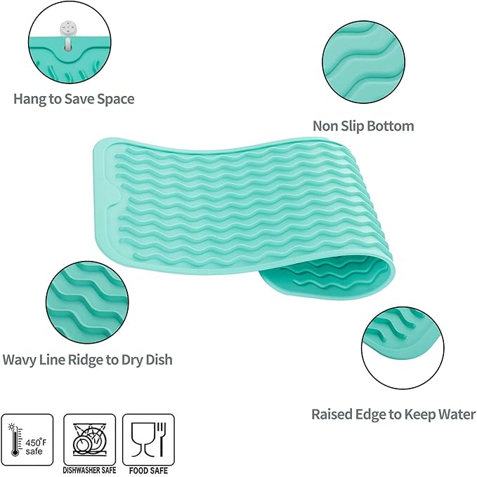 MicoYang Silicone Dish Drying Mat for Multiple Usage,Easy clean,Eco-friendly,Heat-resistant Silicone Mat for Kitchen Counter,Sink,Bar,Bottle,or Cup Mint M 17 inches x 6 inches - Image 3