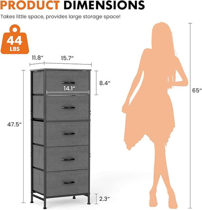 Sweetcrispy 5 Drawer Dresser with Fabric Bins, Sturdy Steel Frame and Wood Top, Storage Organizer Chest for Bedroom, Closet, Hallway, Gray