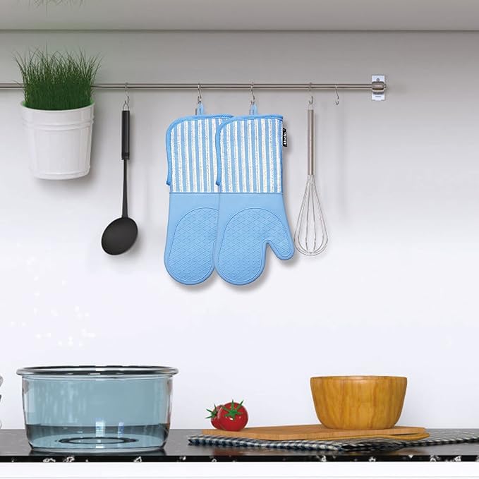 Alselo Silicone Oven Mitts Heat Resistant 932℉ with Waterproof & Non-Slip Kitchen Mittens, Set of 2 Extra Long Oven Gloves with Soft Cotton Terry Lining for Baking Cooking Barbecue (2, Blue Mitts) - Image 7