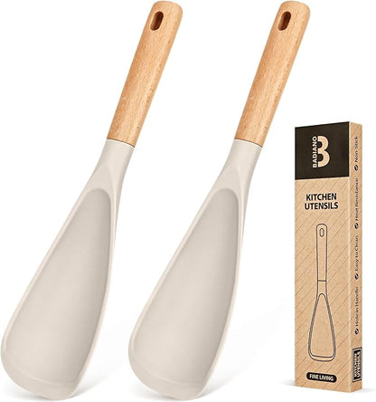 Cooking Spoon for Nonstick Cookwares, Great for Cooking and Serving Sturdy BPA-Free Matte Silicone, Wood Handle Spoon for Mixing, Scoop, and Scrape (2 Pack of Khaki, 11.4 inch) by BADIANO
