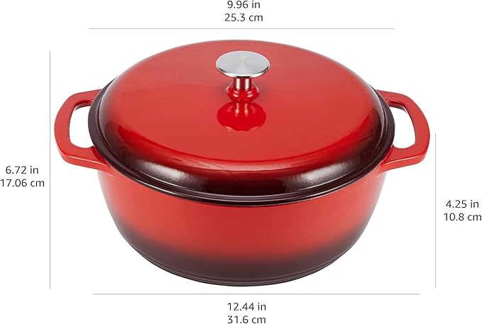 Amazon Basics Enameled Cast Iron Dutch Oven Pot with Lid, Round, Dual Handles, Heavy-Duty, Oven Safe for Stews, Roasting, Baking, 4.3-Quart, Red - Image 4