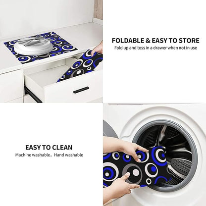 Blue Black White Geometric Circle Dish Drying Mat for Kitchen Counter, 16" x 18" Absorbent Microfiber Drying Pad for Dishes, Modern Decor Kitchen Mat, Foldable, for Sink, Dining Area, Small Appliances