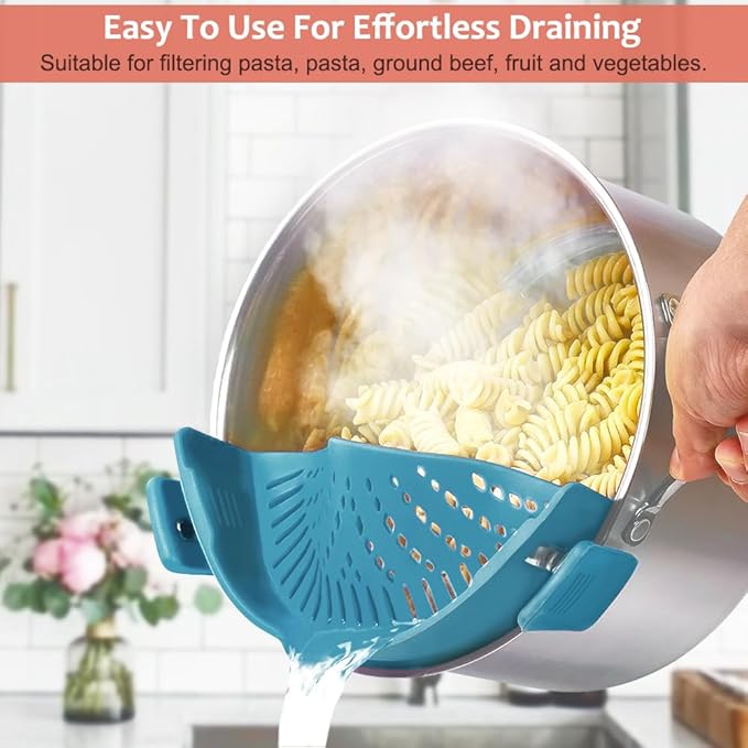 YEVIOR Clip on Strainer for Pots Pan Pasta,Silicone Food Strainer Hands-Free Pan Strainer, Clip-on Kitchen Food Strainer for Spaghetti, Pasta, Ground Beef Fits All Bowls and Pots (Teal) - Image 6