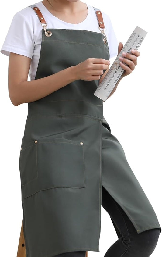 KITCHIEF Pottery Apron Split Leg,Cross Back Chef Apron with Pockets,Painting Apron with Adjustable Straps for Cooking,Baking,BBQ,Ceramic,Gardening(Army green)
