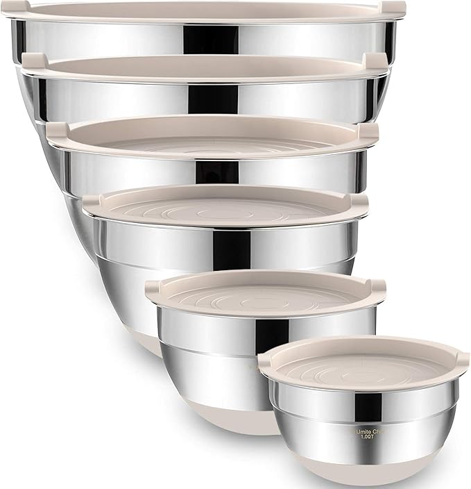 Umite Chef Mixing Bowls with Airtight Lids, 6 piece Stainless Steel Metal Nesting Storage Bowls, Non-Slip Bottoms Size 7, 3.5, 2.5, 2.0,1.5, 1QT, Great for Mixing & Serving (Khaki) by UmiteChef