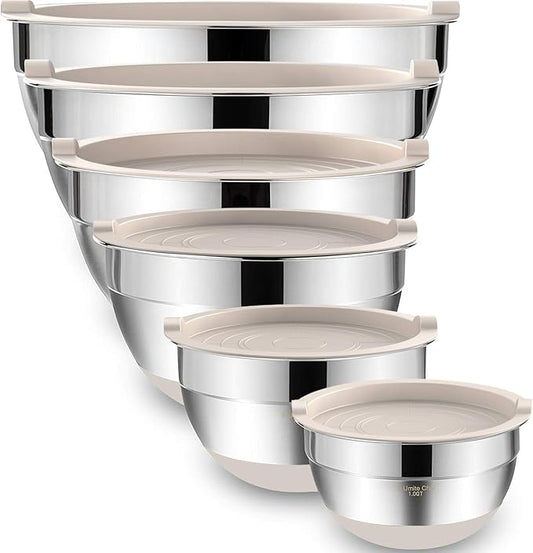 Umite Chef Mixing Bowls with Airtight Lids, 6 piece Stainless Steel Metal Nesting Storage Bowls, Non-Slip Bottoms Size 7, 3.5, 2.5, 2.0,1.5, 1QT, Great for Mixing & Serving (Khaki) by UmiteChef