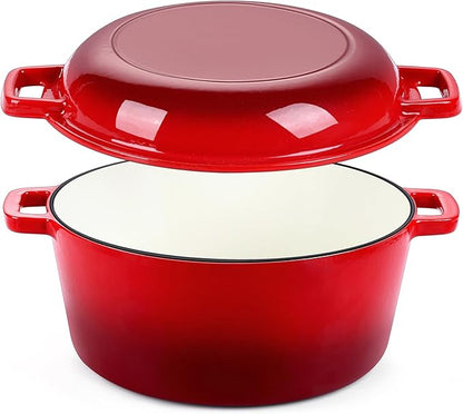 P&P CHEF 5Qt Dutch Oven Pot for Bread Baking (Red), 2 In 1 Round Cast Iron Dutch Oven with Lid Set, Skillet & Pot for Roasting Braising Stewing Frying Simmering, Multi Stoves & Oven Safe by PPCHEF