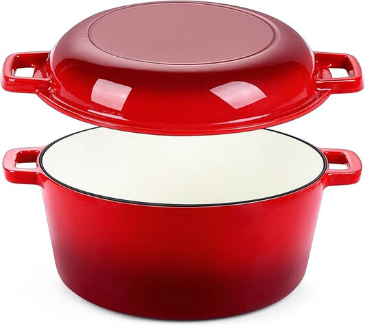 P&P CHEF 5Qt Dutch Oven Pot for Bread Baking (Red), 2 In 1 Round Cast Iron Dutch Oven with Lid Set, Skillet & Pot for Roasting Braising Stewing Frying Simmering, Multi Stoves & Oven Safe by PPCHEF