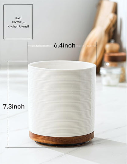 Utensil Holder, 360° Rotating Extra Large Ceramic Kitchen Utensil Holder for Countertop, 7.3“ Cooking Utensil Crocks for Kitchen Counter with Rotatable Wooden Base, Farmhouse Decor, White - Image 4