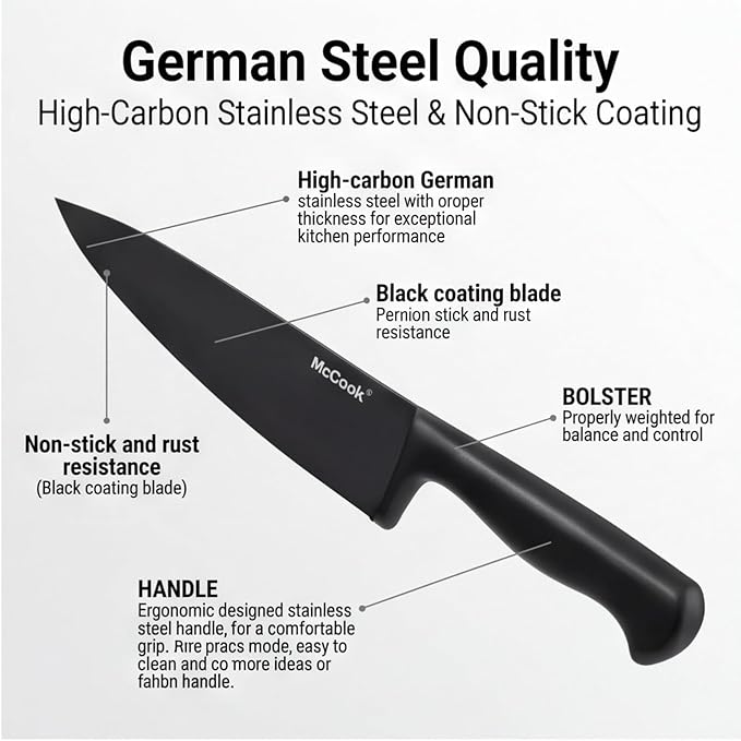 McCook® Knife Sets,German Stainless Steel Knife Block Sets with Built-in Sharpener, Black - Image 5