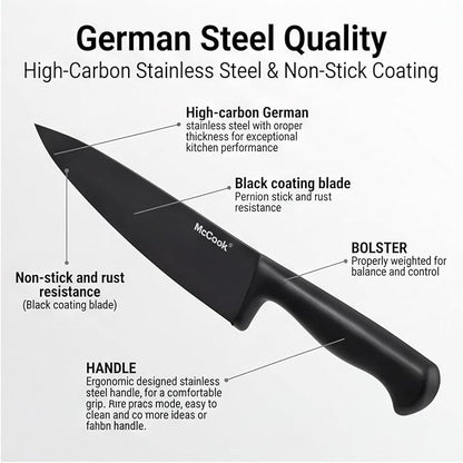 McCook® Knife Sets,German Stainless Steel Knife Block Sets with Built-in Sharpener, Black - Image 5