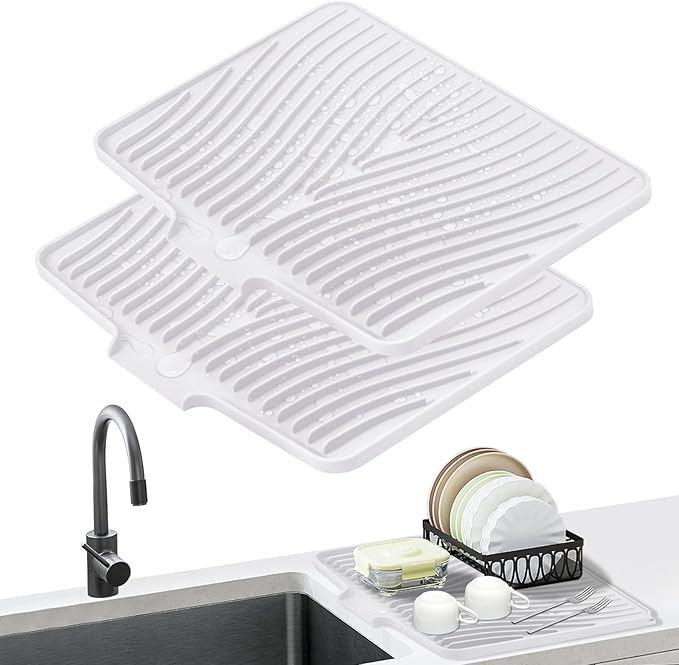 TIKNIK Silicone Dish Drying Mat, Stone Drying Mat for Kitchen Counter with Built-In Drain, Non-Slip Drain Pad with Built-in Drain, Heat Resistant Stone Drying Mat, Hangable, White-2pcs, 16" x 12" by TIKNIKHomeOutdoor