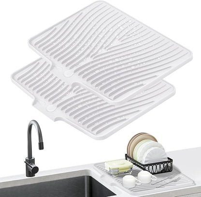 TIKNIK Silicone Dish Drying Mat, Stone Drying Mat for Kitchen Counter with Built-In Drain, Non-Slip Drain Pad with Built-in Drain, Heat Resistant Stone Drying Mat, Hangable, White-2pcs, 16" x 12" by TIKNIKHomeOutdoor