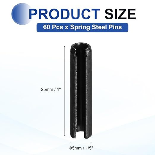 MECCANIXITY 60Pcs Slotted Split Roll Pins 1/5 Inch(5mm) Dia. 1 Inch(25mm) Length 65Mn Steel Spring Tension Expansion Dowels for Secure Fastening, Black