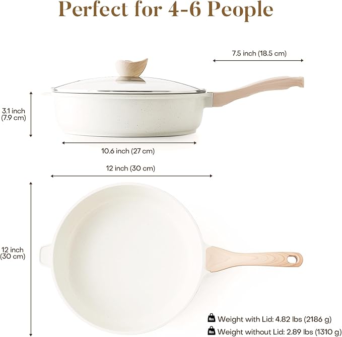 Kordisen Nonstick Ceramic Deep Frying Pan, 12 Inch Non Toxic Large Skillet with Lid, 5 Qt Healthy Jumbo Cooker, Saute Pan for Cooking, Induction Cookware, PFOA & PFAS Free (Cream) - Image 6