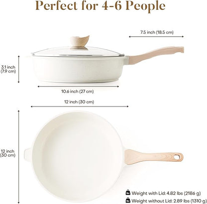 Kordisen Nonstick Ceramic Deep Frying Pan, 12 Inch Non Toxic Large Skillet with Lid, 5 Qt Healthy Jumbo Cooker, Saute Pan for Cooking, Induction Cookware, PFOA & PFAS Free (Cream) - Image 6