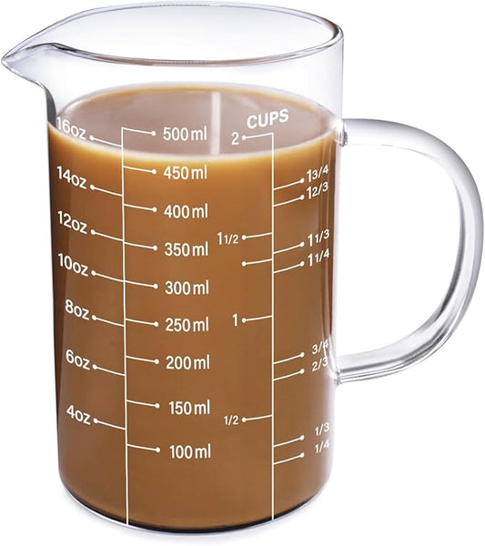 77L Glass Measuring Cup, [Insulated handle, V-Shaped Spout], High Borosilicate Glass Measuring Cup for Kitchen or Restaurant, Easy To Read, 500 ML (0.5 Liter, 2 Cup) by 77L