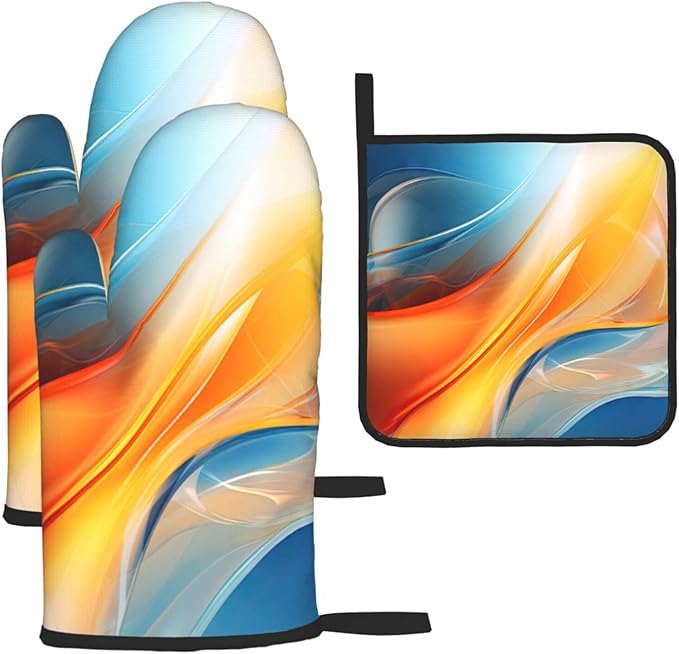 Burnt Orange Blue Abstract Fluid Oven Mitts and Pot Holders Sets of 3, Heat Resistant Non-Slip Boho Modern Kitchen Gloves Gift for Cooking Lover, Stylish Kitchen Decor for Baking BBQ Cooking Grilling by Unknown