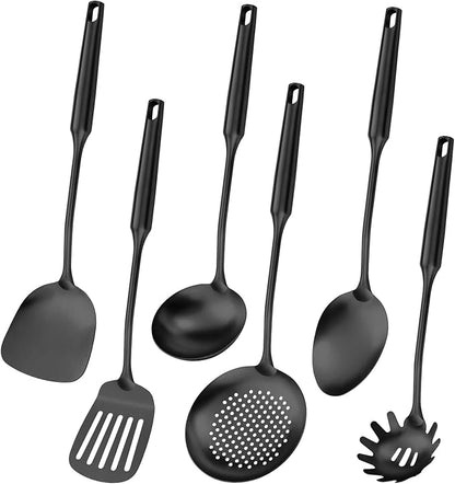 304 Stainless Steel Cooking Utensil,Kitchen Kitchen Utensil with Spatula, Solid Spoon, Ladle, Skimmer, Spaghetti Spoon, 6 Piece Set, Dishwasher Safe(Black) by Lazycorner