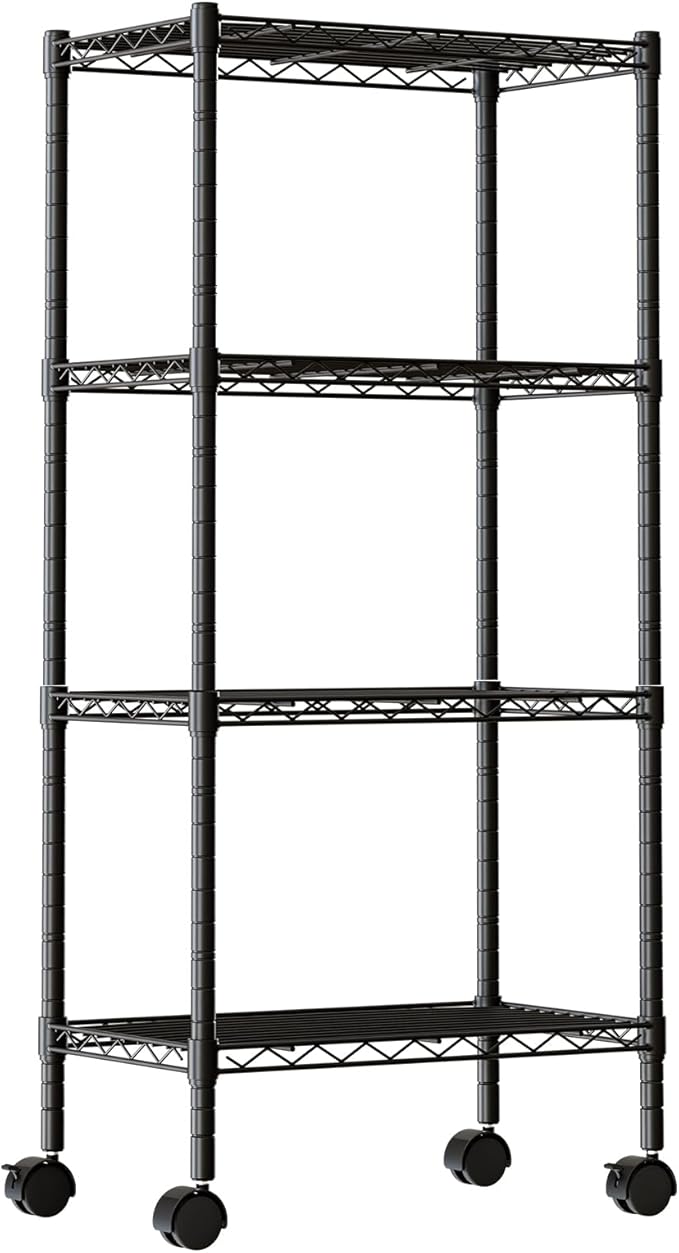 DUMOS 4-Tier Metal Wire Storage Shelves, Adjustable Standing Storage Rack Shelf with Wheels, Heavy Duty Steel Shelving Unit Organizers for Kitchen Bathroom Pantry Garage, 23.2"W×13.4"D×47.1"H, Black