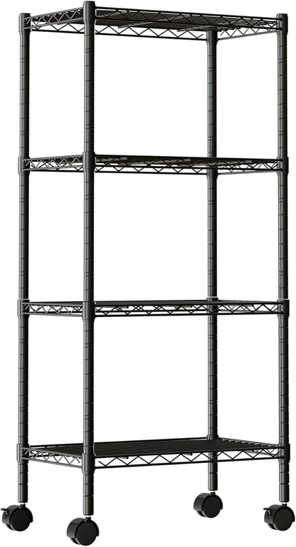 DUMOS 4-Tier Metal Wire Storage Shelves, Adjustable Standing Storage Rack Shelf with Wheels, Heavy Duty Steel Shelving Unit Organizers for Kitchen Bathroom Pantry Garage, 23.2"W×13.4"D×47.1"H, Black