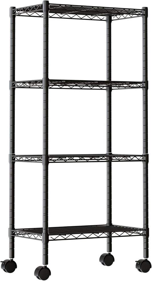 DUMOS 4-Tier Metal Wire Storage Shelves, Adjustable Standing Storage Rack Shelf with Wheels, Heavy Duty Steel Shelving Unit Organizers for Kitchen Bathroom Pantry Garage, 23.2"W×13.4"D×47.1"H, Black