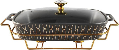 10" x 7" Ceramic Rectangular Casserole Dish with Glass Lid and rack, 1.3 Quart Serving Soup Tureen,Chafing Dish for Buffet, Family Food preserve Tray, Catering for Party Style, Black